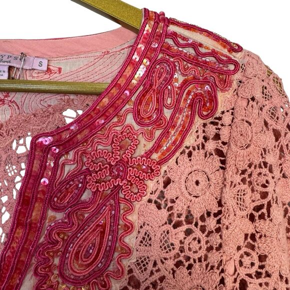 Calypso St. Barth Floral Crochet Tunic Top Size S Embroidered Sequins Tasseled - Picture 6 of 16